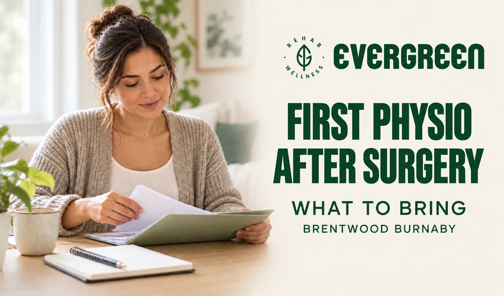 Evergreen graphic of a woman organising a folder, with text: First physio after surgery, what to bring, Brentwood Burnaby.