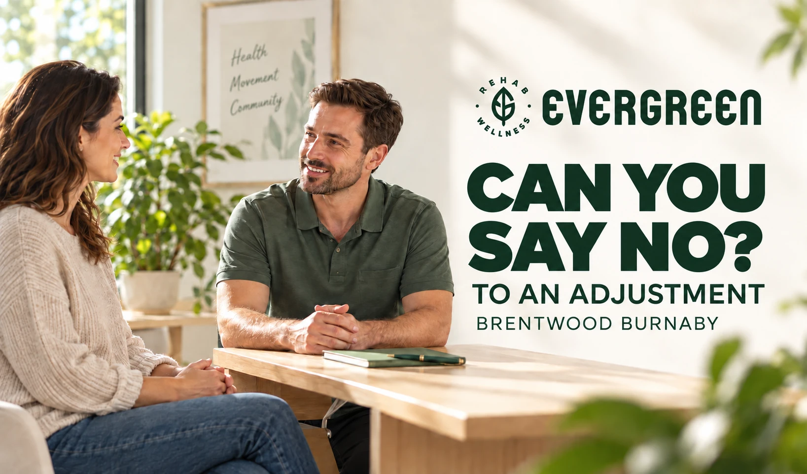 Evergreen graphic showing a consultation, with text: Can you say no? To an adjustment. Brentwood Burnaby.